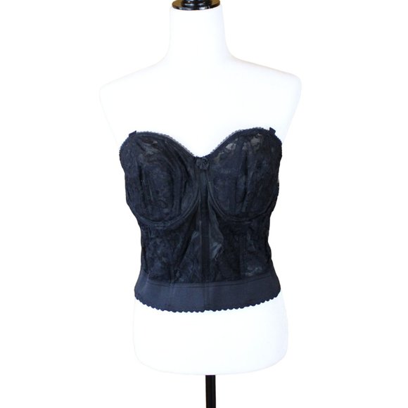 Goddess Long Line Bra Bustier Black Lace 40B 1990s Full Coverage Strapless b82 - Picture 8 of 8